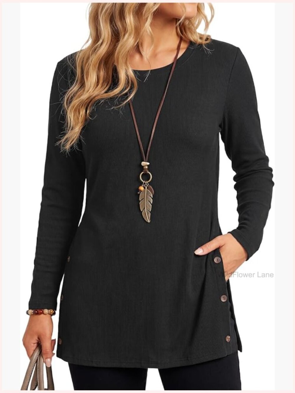 Long Sleeve Scoop Neck Tunic Top with Side Slits